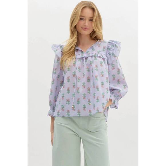 ENTRO Tops - NEW ENTRO blossom ruffle shoulder blouse in blue floral